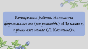 Презентація "Контрольна робота. Написання формального есе (есе-розповідь) «Ще назва є, а річки вже немає (Л. Костенко)»."