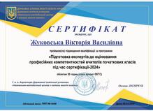  Сертифікат ДСЯОУ "Підготовка експертів до оцінювання професійних компетентностей вчителів початкових класів" 2024