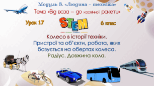 Розробка STEM-уроку № 17 для 6 класу: «Колесо в історії техніки. Пристрої та об’єкти, робота, яких базується на обертах колеса. Радіус. Довжина кола.»