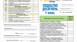 Свідоцтво досягнень учнів 1 класу НУШ