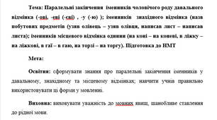 План-конспект "Паралельні закінчення  іменників чоловічого роду давального відмінка"