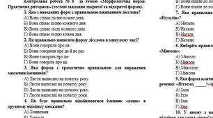 Контрольна робота № 6  за темою «Морфологічна норма. Практична риторика» (тестові завдання закритої та відкритої форми).