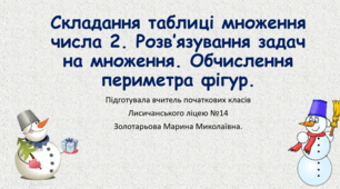 Складання таблиці множення числа 2. Розв’язування задач на множення. Обчислення периметра фігур.
