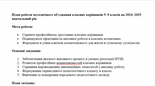 План роботи методичного об'єднання класних керівників 5–9 класів на 2024–2025 навчальний рік