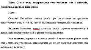 План-конспект "Стилістичне використання багатозначних слів і омонімів, синонімів, антонімів і паронімів"