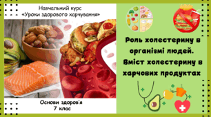 Роль холестерину в організмі людей. Вміст холестерину в харчових продуктах. Методична розробка уроку навчального курсу "Уроки здорового харчування". 7 клас. Презентація.