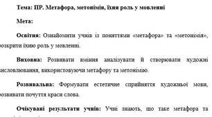 План-конспект "Метафора, метонімія, їхня роль у мовленні"