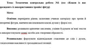 План-конспект "Тематична контрольна робота №1 (есе «Кожен із нас президент» із використанням тропів і фігур)"