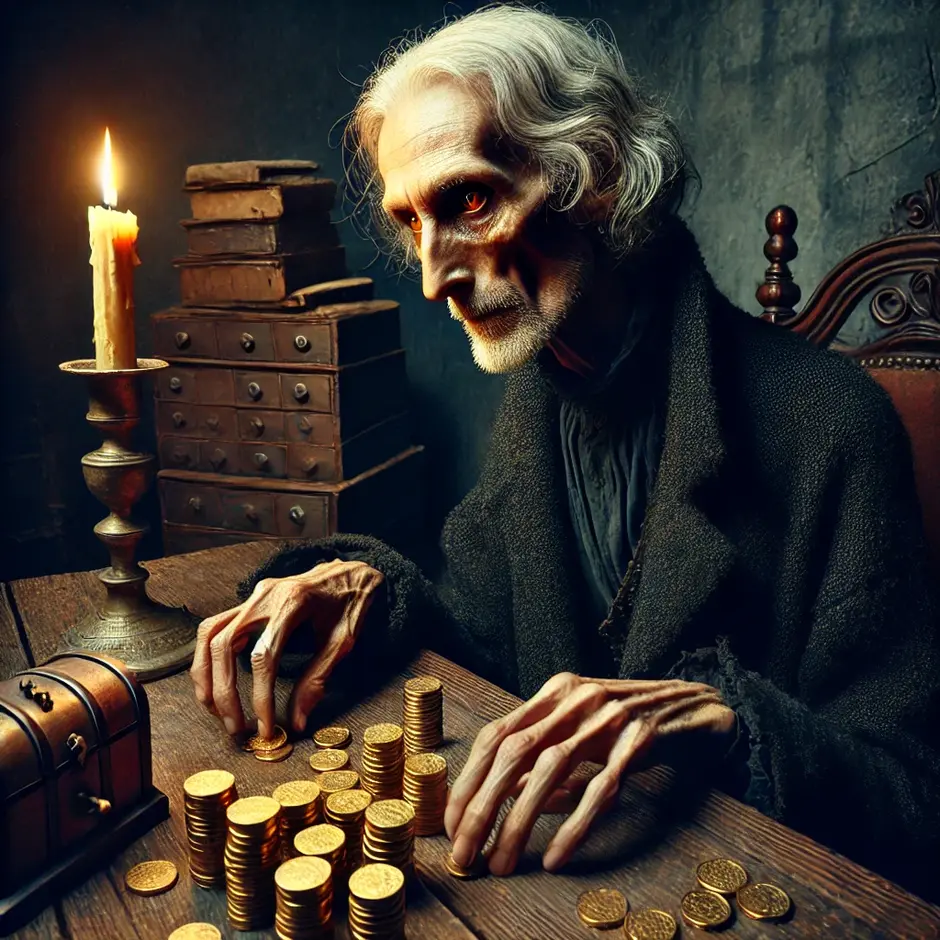 An old, thin man with sharp facial features and yellowish eyes sits in a dimly lit, antique room, counting gold coins at a wooden table. A single candle casts flickering shadows on the walls. The man, dressed in a worn dark coat, has long, bony fingers delicately stacking the coins. Around him, aged furniture, dusty books, and small wooden chests suggest hidden wealth. The atmosphere is eerie, evoking greed and solitude.