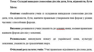 План-конспект "Складні випадки словозміни дієслів дати, їсти, відповісти, бути"