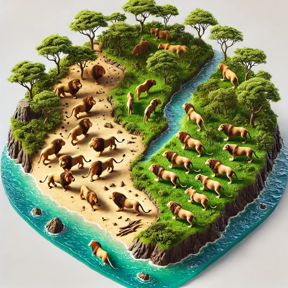 An island with two distinct populations of lions. One group of lions is on the left side of the island, while the other group is on the right side, separated by a natural barrier like a river or a mountain. The island has lush green vegetation, trees, and a few rocky areas. The lions appear healthy and in their natural habitat, with some resting and others interacting within their respective groups.