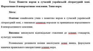 План-конспект "Поняття норми в сучасній українській літературній мові. Нормативне й ненормативне мовлення. Типи норм"