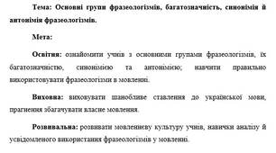 План-конспект "Основні групи фразеологізмів, багатозначність, синонімія й антонімія фразеологізмів."