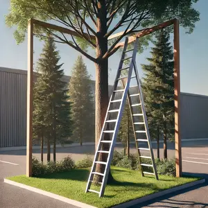 A realistic illustration of a 5-meter ladder leaning against a tall tree at a 60-degree angle to the ground. The ladder forms a right triangle with the tree and the ground. The setting is a sunny outdoor environment with grass. The focus is on the ladder, tree, and the right triangle they form.