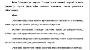 План-конспект "Мовленнєва ситуація. Елементи мовленнєвої ситуації (мовець (адресат), слухач (аудиторія), предмет мовлення, умови успішного спілкування."