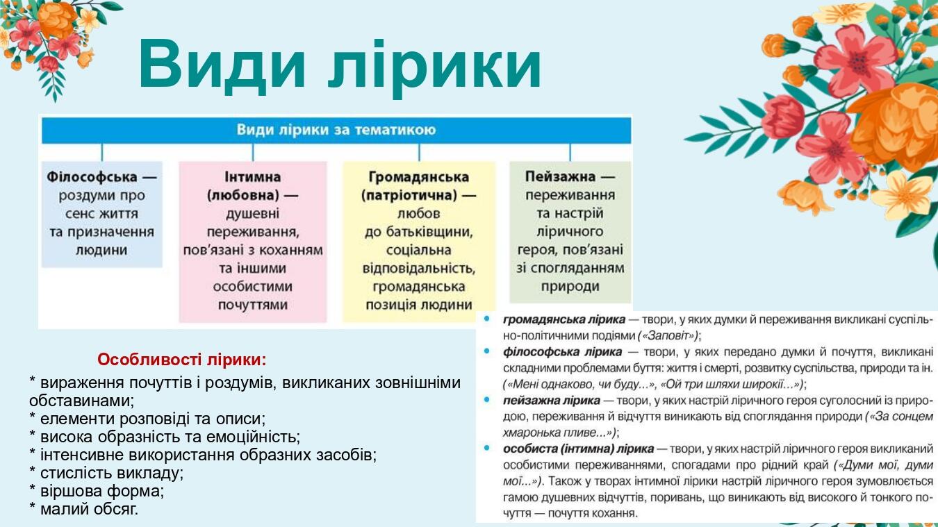 Види лірики Особливості лірики: * вираження почуттів і роздумів, викликаних зовнішніми обставинами; * елементи розповіді та описи; * висока образні...