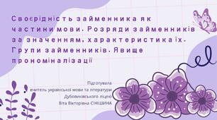 Презентація до уроку української мови у 10 класі (профільний рівень)"Своєрідність займенника як частини мови. Розряди займенників за значенням, характеристика їх. Групи займенників. Явище прономіналізації"