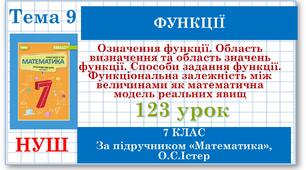 7 клас. Математика (НУШ, інтегрований курс). Урок №123. Означення функції. Область визначення та область значень функції. Способи задання функції. Функціональна залежність між величинами як математична модель реальних явищ