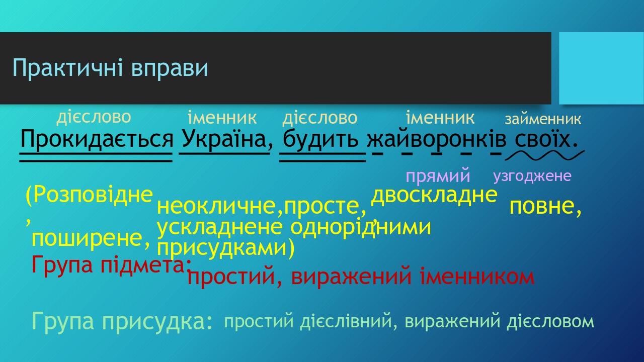 Практичні вправи Прокидається Україна, будить жайворонків своїх. (Розповідне, неокличне, просте, двоскладне, повне, поширене, ускладнене однорідним...