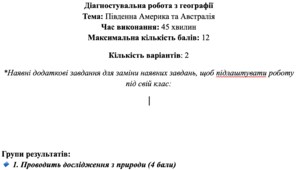 Діагностувальна робота по темі "Південна Америка та Австралія" з групами результатів 7 клас (підручник Запотоцький)