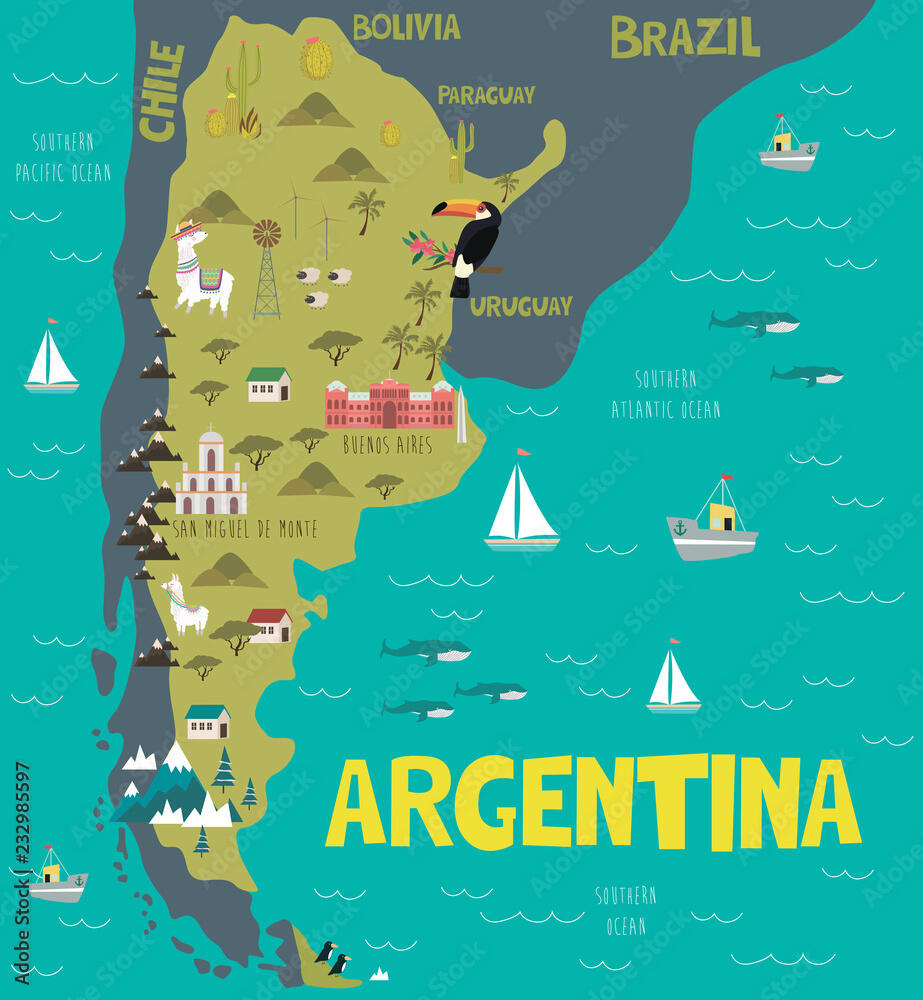 фотографія & Картини Illustration map of Argentina with nature, animals and landmarks, miobuono | EuroPosters